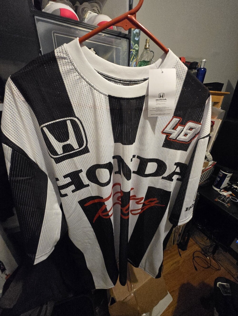 Mens Large Mesh Racing Black & White Striped Honda Jersey